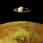 Saturn above a yellow surface in space scene