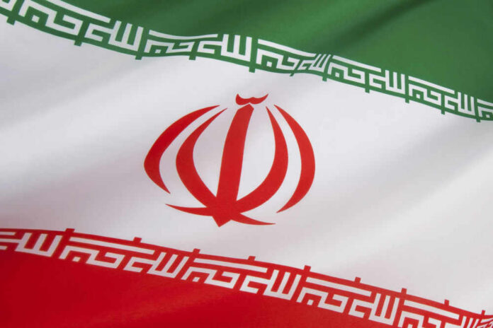 Iranian flag with green, white, red stripes.