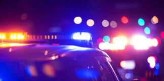 Police car lights flashing in the dark night