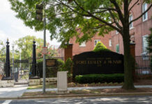 Unknown Drones Over High-Security Military Base Entrance sign of Fort Lesley J. McNair, a military installation in Washington D.C.