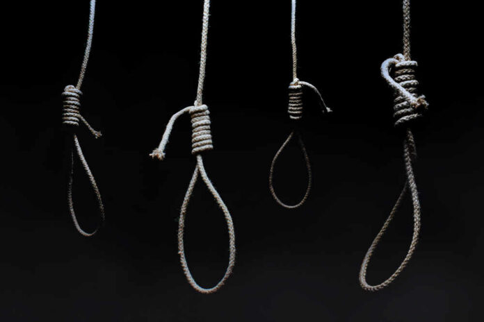 shutterstock_1894090627.jpg Four nooses hanging against a dark background