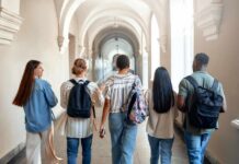 Group of students walking through a university corridor