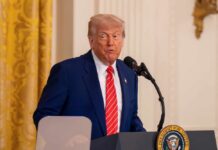 A man in a suit speaking at a podium in a formal setting