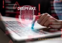 Shocking AI Tactics Threaten Democracy A hand interacting with a laptop displaying a deepfake warning