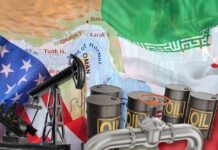 War’s Fourth Week: Energy Disruption Worsens An illustration featuring oil barrels, an oil pump, and flags of the USA and Iran over a map of the Middle East