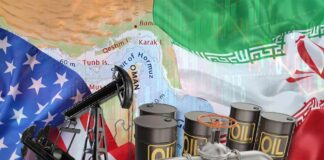 An illustration featuring oil barrels, an oil pump, and flags of the USA and Iran over a map of the Middle East