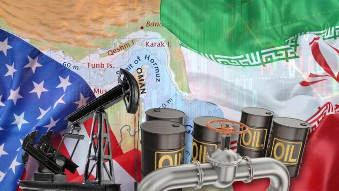 An illustration featuring oil barrels, an oil pump, and flags of the USA and Iran over a map of the Middle East