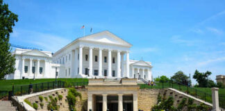Historic government building with white columns and green lawn