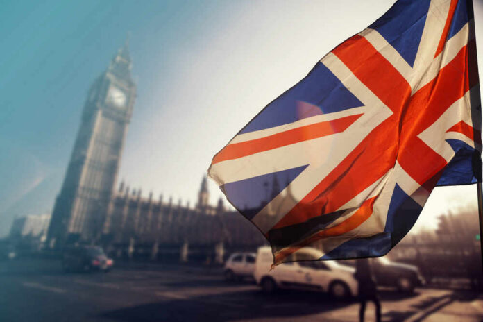 Union Jack flag in front of Big Ben in London