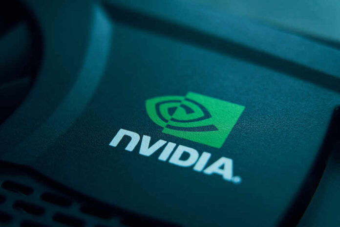 Close-up of the NVIDIA logo on a graphics card