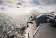 Naval ship firing a weapon into the ocean with a plane flying overhead