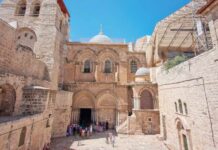 Historic religious site with tourists in an outdoor courtyard