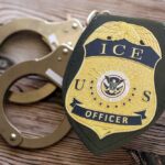 TRUMP’S ICE STRIKE: Terrorist Kin Arrested! ICE officer badge next to handcuffs on a wooden surface