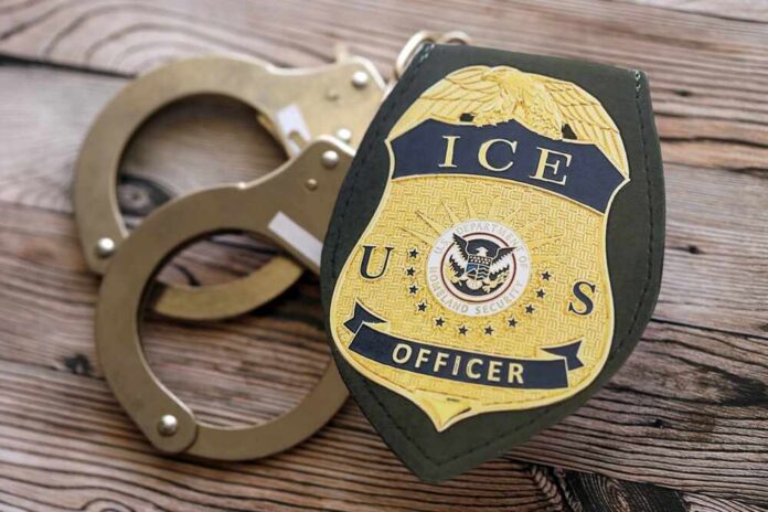 ICE officer badge next to handcuffs on a wooden surface