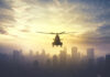 Silhouette of a helicopter flying over a city skyline at sunset