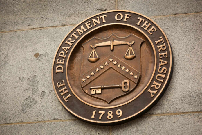 Washington,,Usa,-,August,09,2019:,Plaque,Of,The,Department Facade of the Department of the Treasury with columns and engraved text