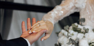 Hands of a couple wearing wedding bands