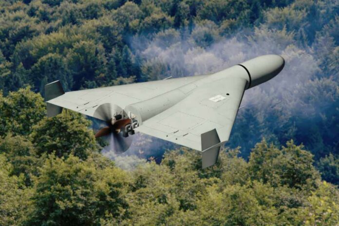 Russian,Military,Kamikaze,Drone,shahed,Flies,In,The,Clouds,Over A kamikaze drone flying over a dense forest