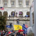 Crowd with flags gathered outside a neoclassical government building
