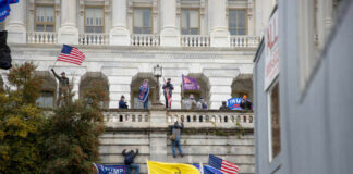Crowd with flags gathered outside a neoclassical government building