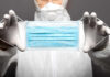 Medical professional holding a blue surgical mask