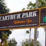 Welcome sign for MacArthur Park in Los Angeles