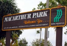 Welcome sign for MacArthur Park in Los Angeles