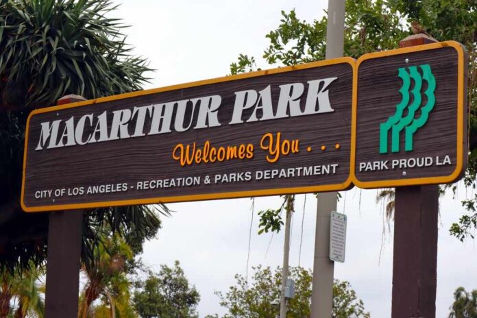 Welcome sign for MacArthur Park in Los Angeles