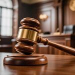 Judge Defies Defense – Cameras Stay On A wooden gavel resting on a courtroom table with a scale of justice in the background