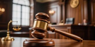 A wooden gavel resting on a courtroom table with a scale of justice in the background