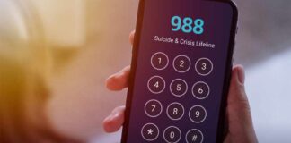 A smartphone displaying the 988 Suicide & Crisis Lifeline dial pad