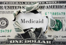Ghost Companies Rake in Millions from Empty Offices A torn dollar bill revealing the word 'Medicaid'