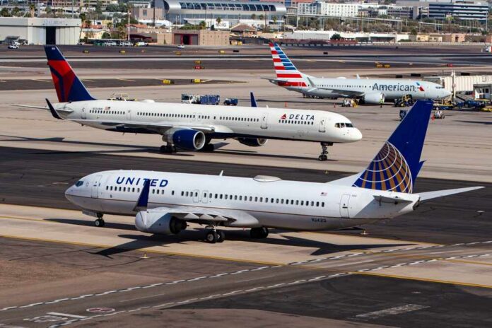 Phoenix,,Az,-,December,1,,2023:,Photo,Of,United,,Delta, Three commercial airplanes on an airport runway