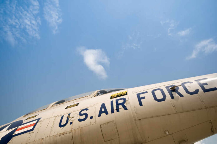 Air,Force,Jet Close-up view of a U.S. Air Force aircraft against a blue sky