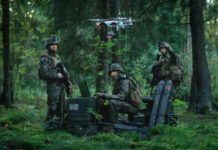 Soldiers operate a drone in a forest