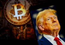 smartphone showing a man in a suit beside a large bitcoin symbol