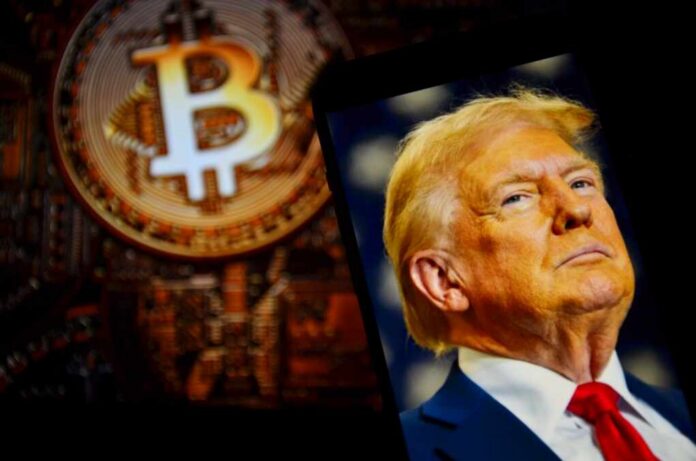 smartphone showing a man in a suit beside a large bitcoin symbol