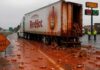 What Covered This Highway Surprised Everyone Semi truck leaks Frank’s Red Hot all along I-71 and into truck stop parking lot