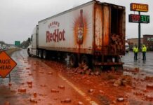Semi truck leaks Frank’s Red Hot all along I-71 and into truck stop parking lot