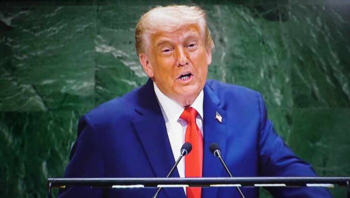 New,York,,Usa,-,September,23,2025:,Donald,Trump,,President A man in a blue suit delivering a speech at a podium