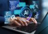 When AI Warnings Meet Government Action Hands typing on a laptop with AI graphics overlay