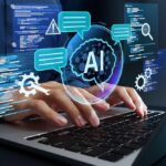 When AI Warnings Meet Government Action Hands typing on a laptop with AI graphics overlay