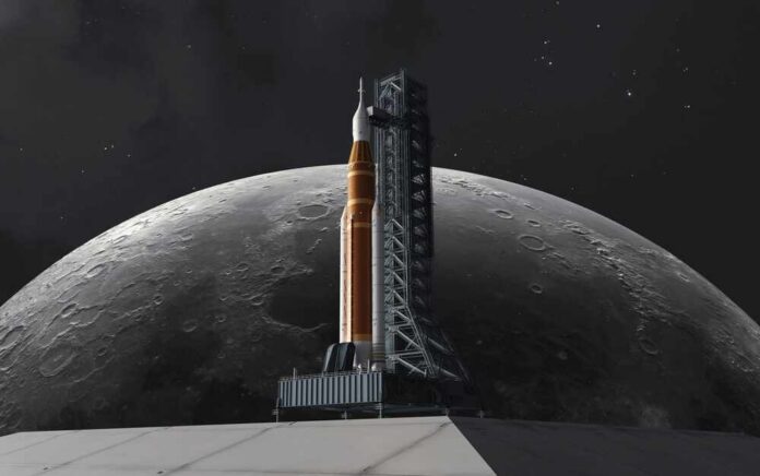 The,Artemis,Ii,Space,Launch,System,(sls),Mega-rocket,Is,Prepared A rocket on a launch pad with the moon in the background