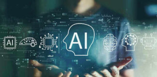 Person holding virtual icons related to artificial intelligence.