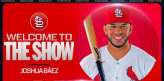Joshua Báez homers on the 1ST PITCH HE SEES in his MLB debut for the Cardinals! 😱 (449 FEET! 💪)