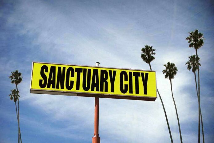 Yellow roadside sign reading Sanctuary City with palm trees