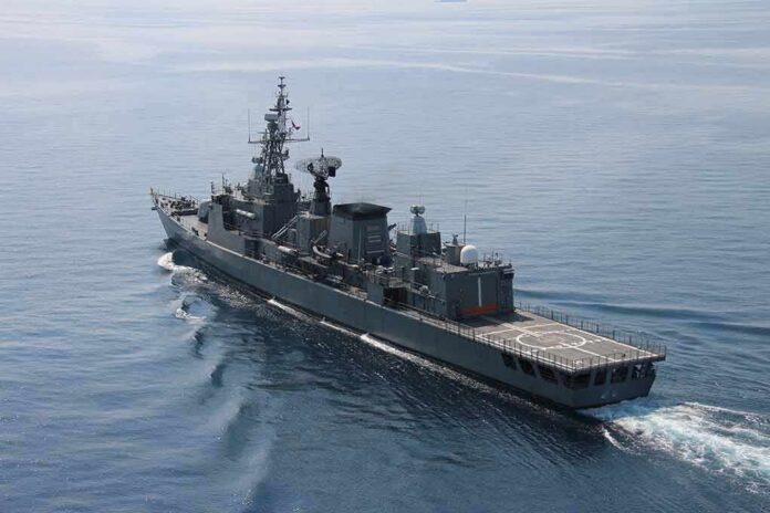 shutterstock_1611527764 Modern naval warship cruising on calm sea