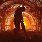 Miner silhouette using a jackhammer in a dimly lit tunnel