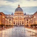 Old Rite Squeezed — Power Shift Inside Vatican St. Peter's Basilica at the end of a wet street at dusk
