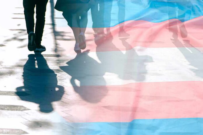 shutterstock_1996951118 trans pride flag overlaying silhouettes of people walking on a city street